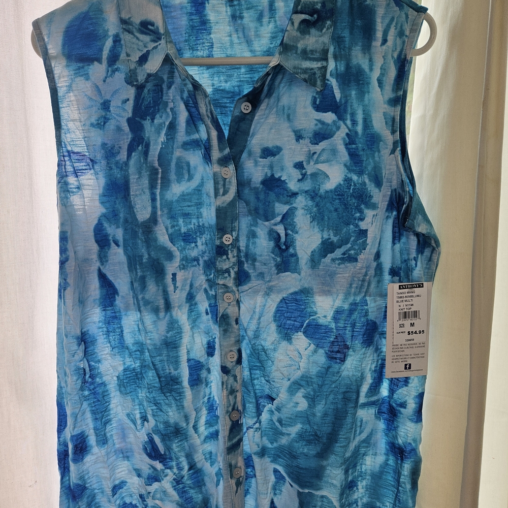 Stylish Blue Tie-Dye Sleeveless Button Down Shirt